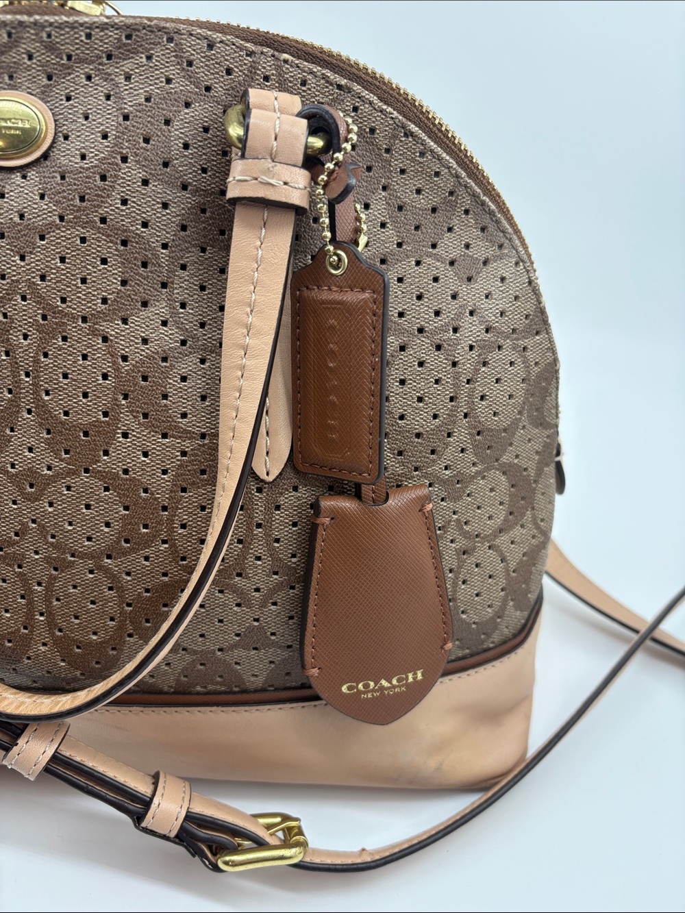 Coach Brown Perforated Signature Satchel with Tan Leather Trim - Picture 6 of 11